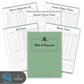 Set of bills and payments tracking sheets with a green cover on a white background