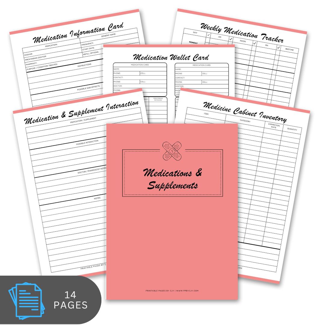 Set of medication management forms with a pink cover on a white background