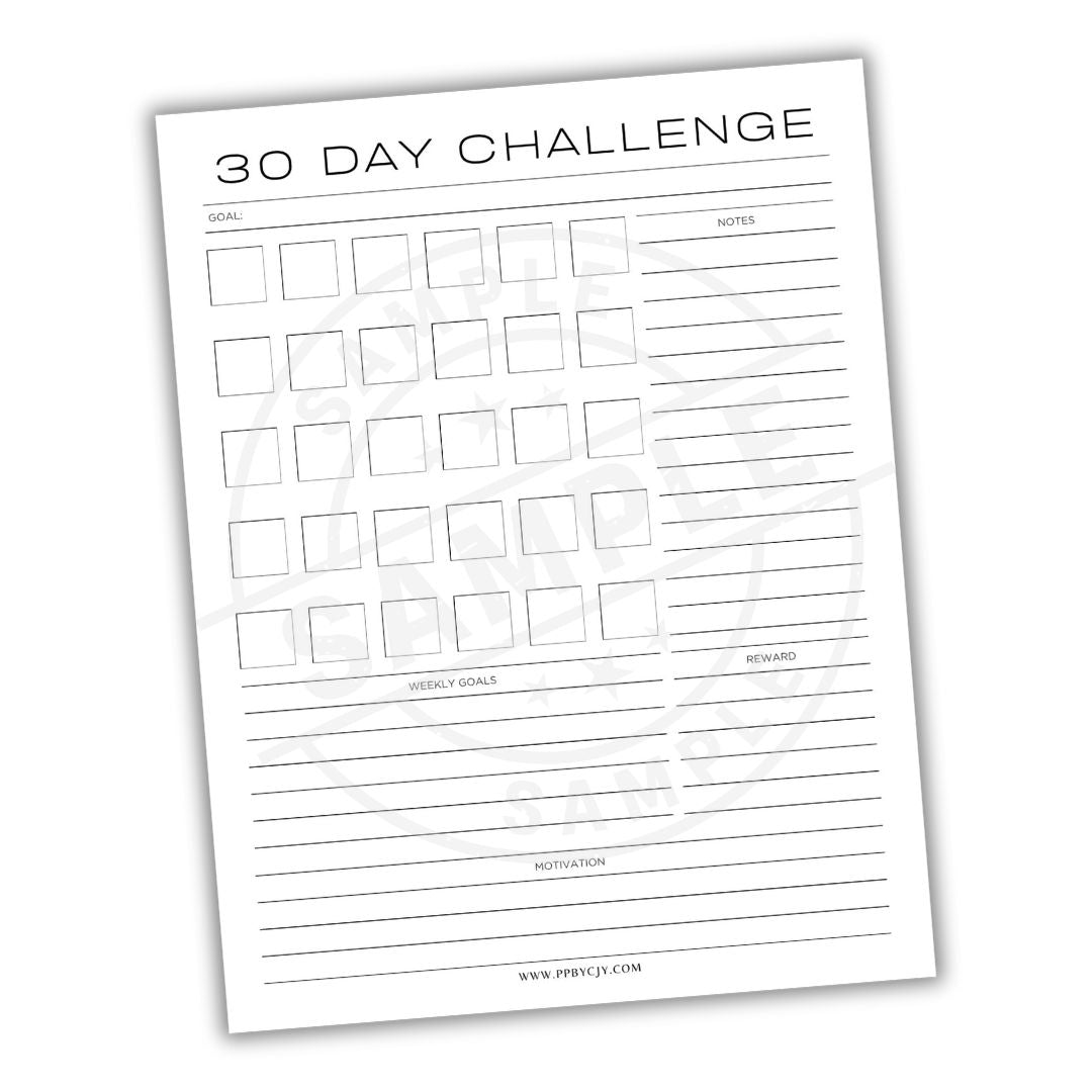 30 Day Challenge worksheet with checkboxes and text on a white background