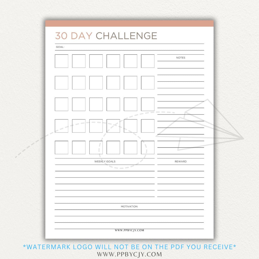 30 Day Goal Challenge Printable Template – Digital Download for Setting and Tracking Goals