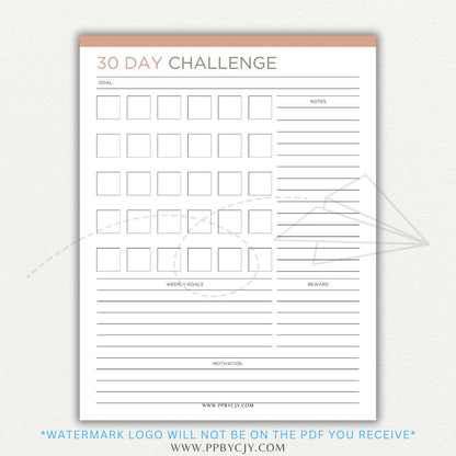 30 Day Goal Challenge Printable Template – Digital Download for Setting and Tracking Goals