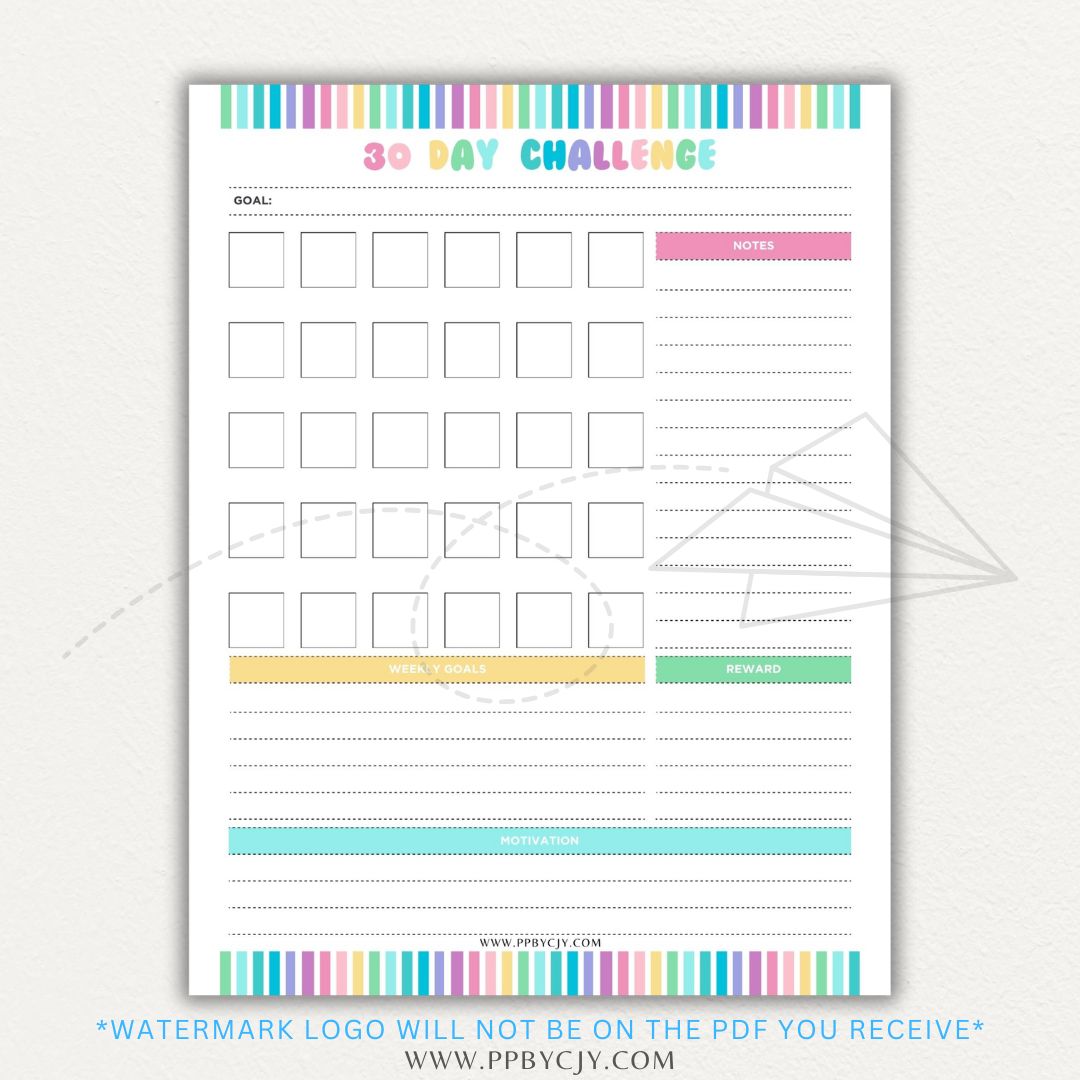 30 Day Goal Challenge Printable Template – Digital Download for Setting and Tracking Goals