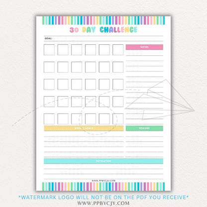 30 Day Goal Challenge Printable Template – Digital Download for Setting and Tracking Goals