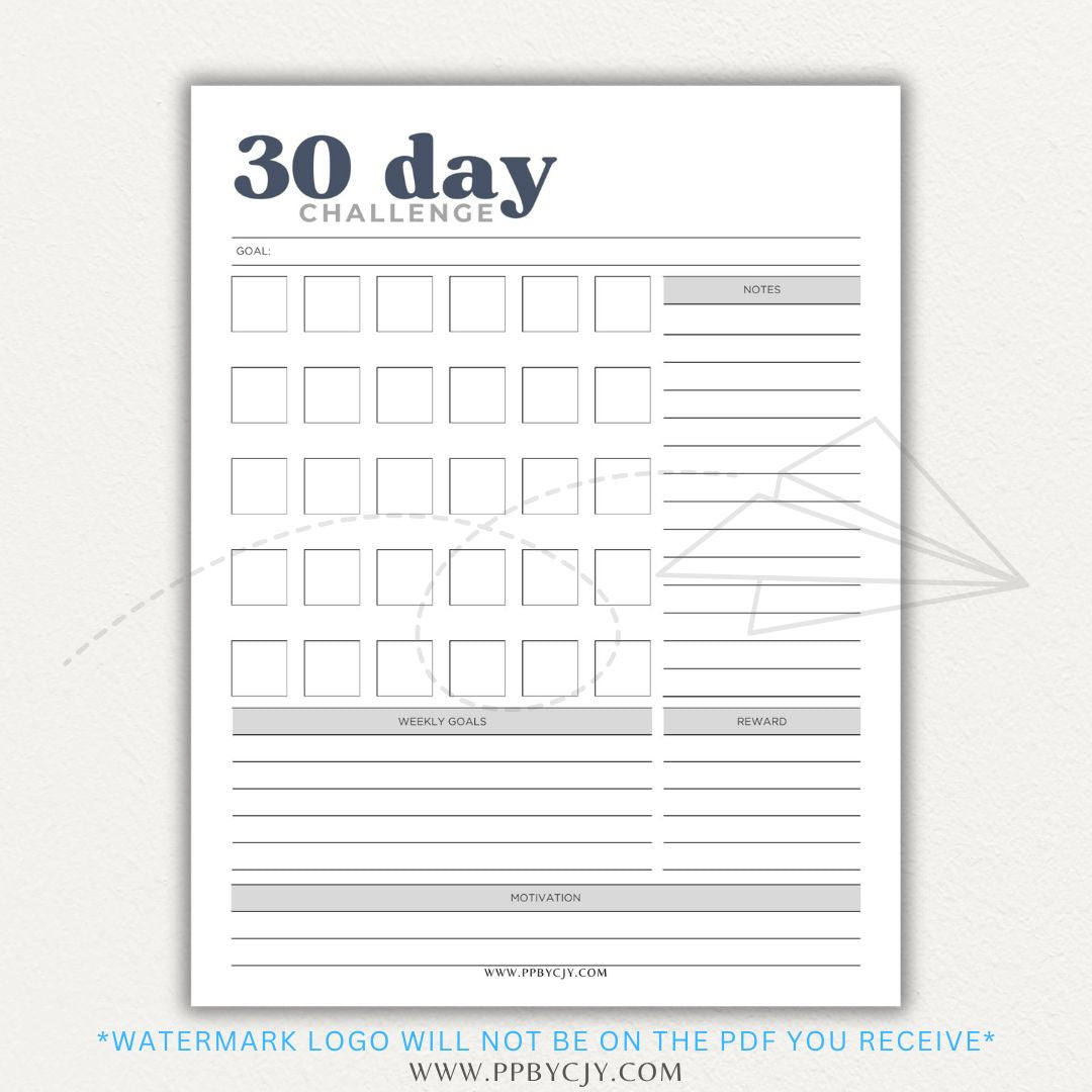 30 Day Goal Challenge Printable Template – Digital Download for Setting and Tracking Goals