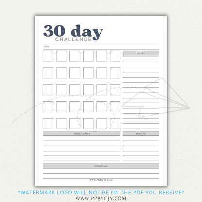 30 Day Goal Challenge Printable Template – Digital Download for Setting and Tracking Goals