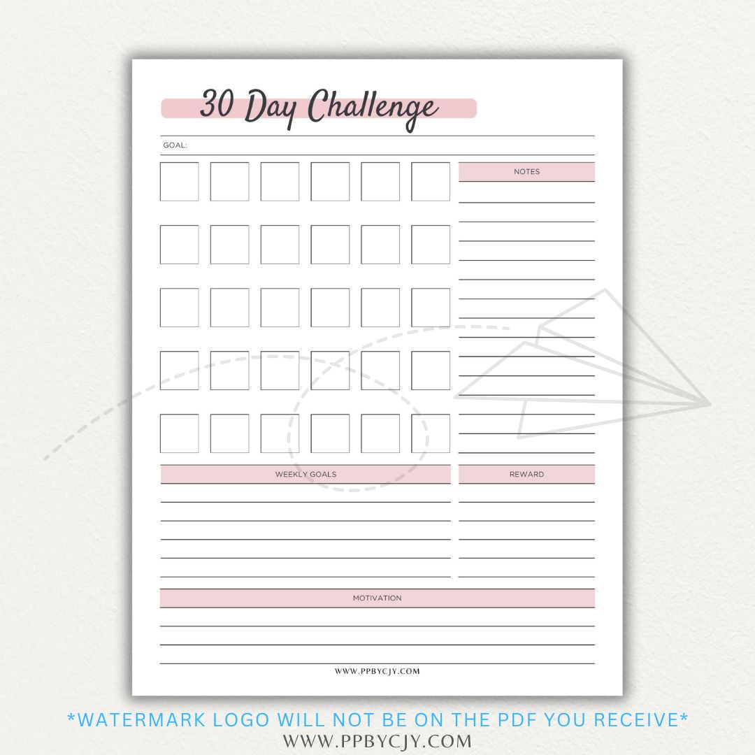 30 Day Goal Challenge Printable Template – Digital Download for Setting and Tracking Goals