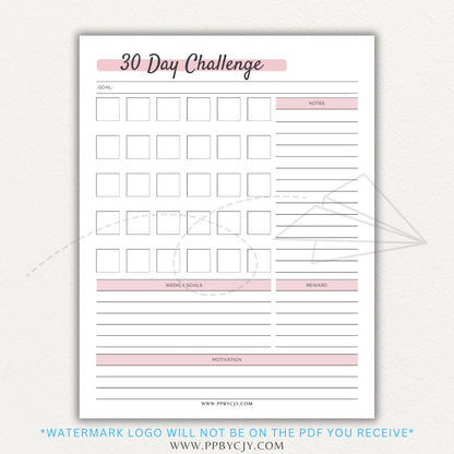 30 Day Goal Challenge Printable Template – Digital Download for Setting and Tracking Goals