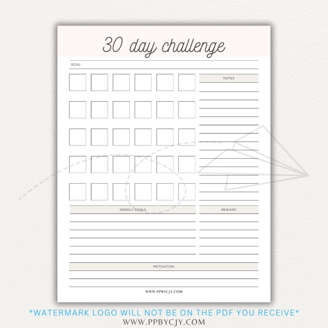 30 Day Goal Challenge Printable Template – Digital Download for Setting and Tracking Goals