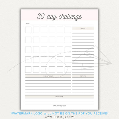 30 Day Goal Challenge Printable Template – Digital Download for Setting and Tracking Goals