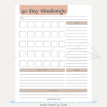 30 Day Goal Challenge Printable Template – Digital Download for Setting and Tracking Goals