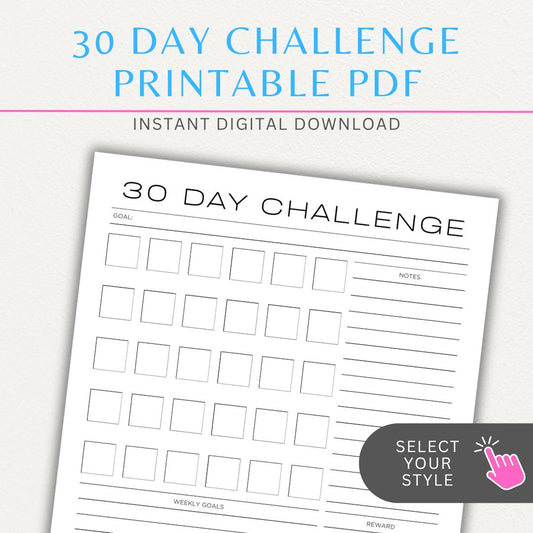 30 Day Goal Challenge Printable Template – Digital Download for Setting and Tracking Goals