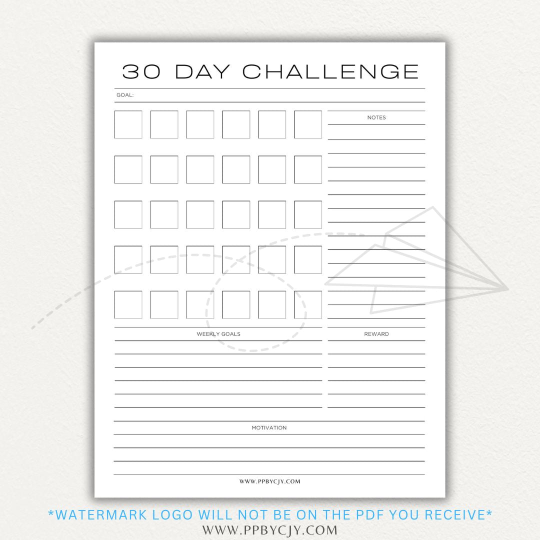 30 Day Goal Challenge Printable Template – Digital Download for Setting and Tracking Goals