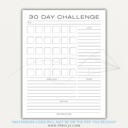 30 Day Goal Challenge Printable Template – Digital Download for Setting and Tracking Goals