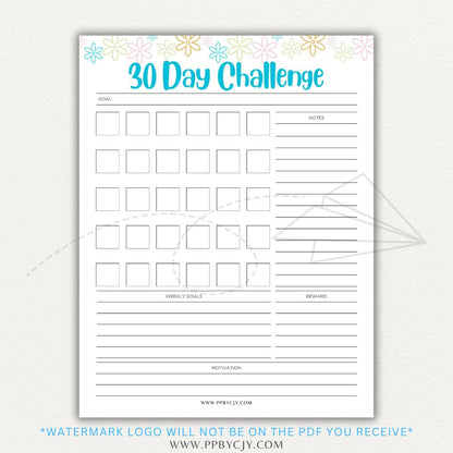 30 Day Goal Challenge Printable Template – Digital Download for Setting and Tracking Goals