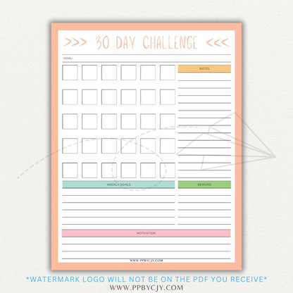 30 Day Goal Challenge Printable Template – Digital Download for Setting and Tracking Goals