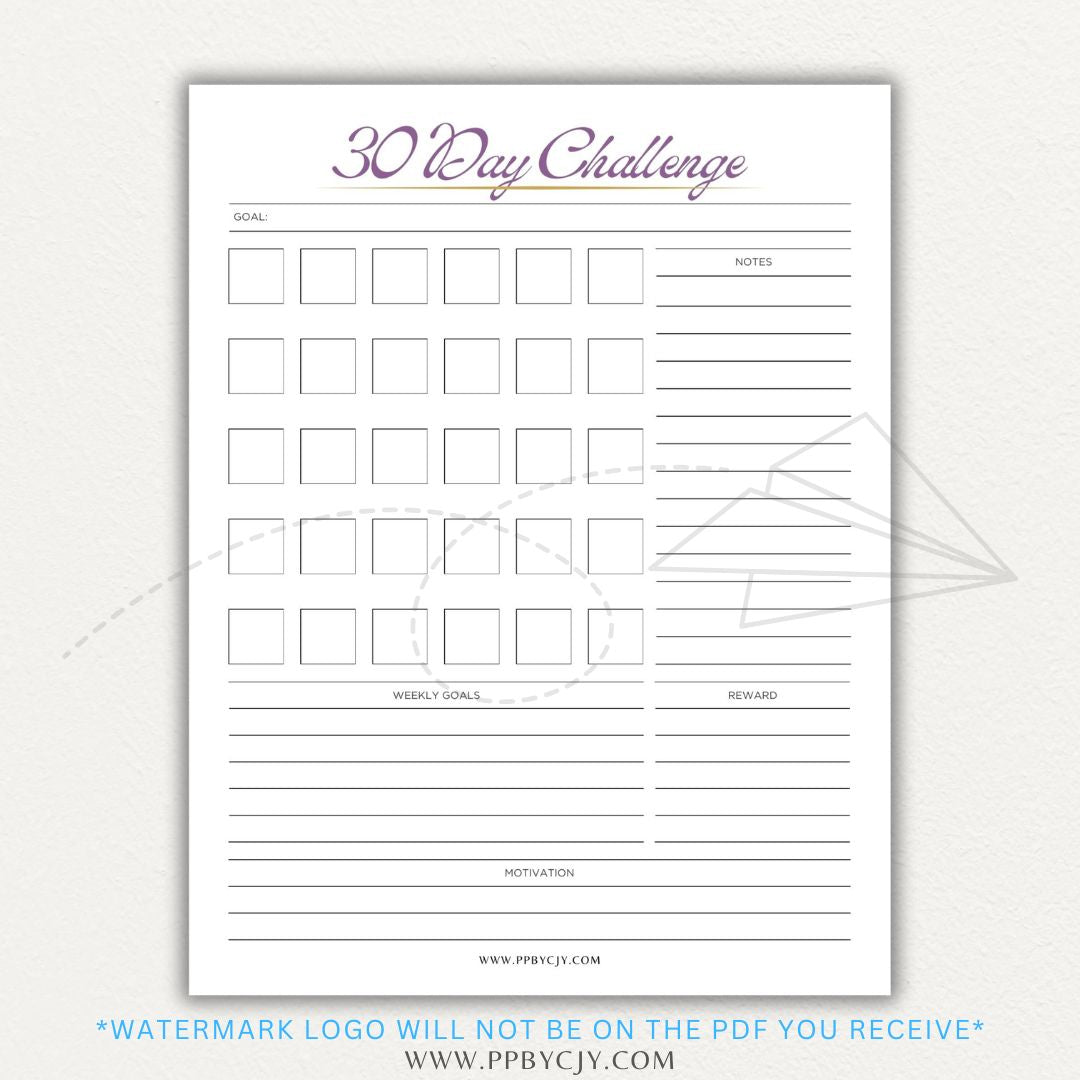 30 Day Goal Challenge Printable Template – Digital Download for Setting and Tracking Goals