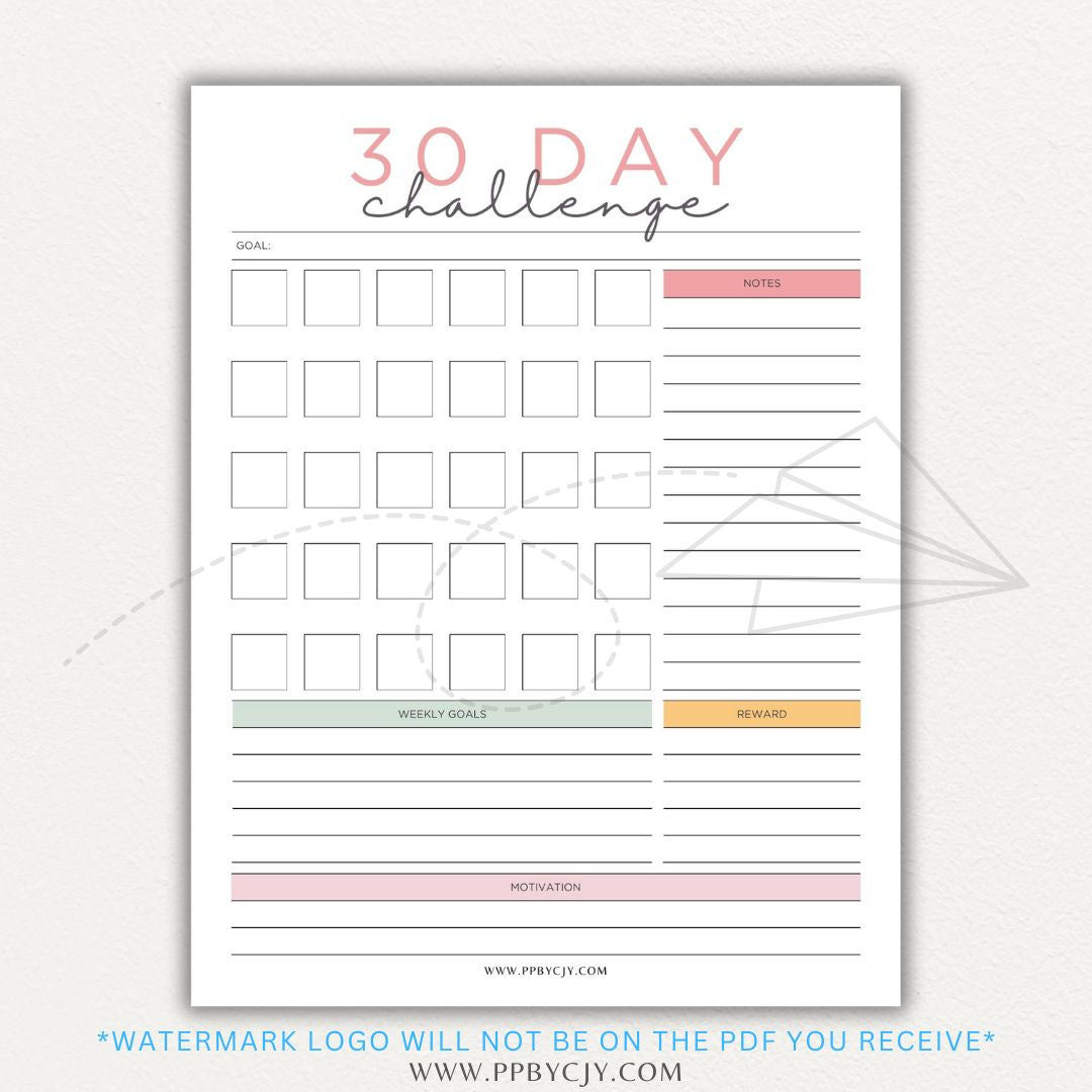 30 Day Goal Challenge Printable Template – Digital Download for Setting and Tracking Goals