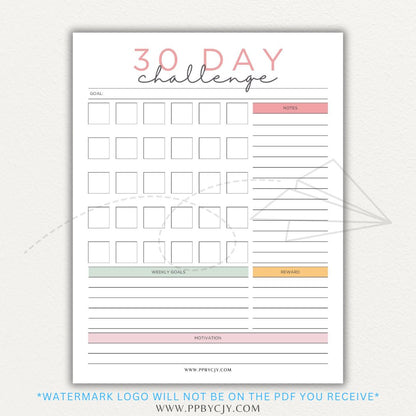 30 Day Goal Challenge Printable Template – Digital Download for Setting and Tracking Goals