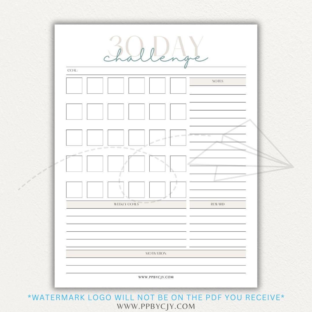 30 Day Goal Challenge Printable Template – Digital Download for Setting and Tracking Goals