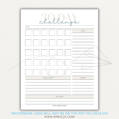 30 Day Goal Challenge Printable Template – Digital Download for Setting and Tracking Goals