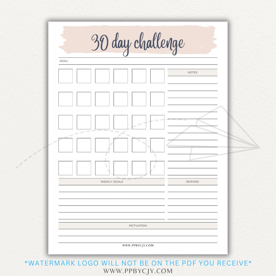 30 Day Goal Challenge Printable Template – Digital Download for Setting and Tracking Goals