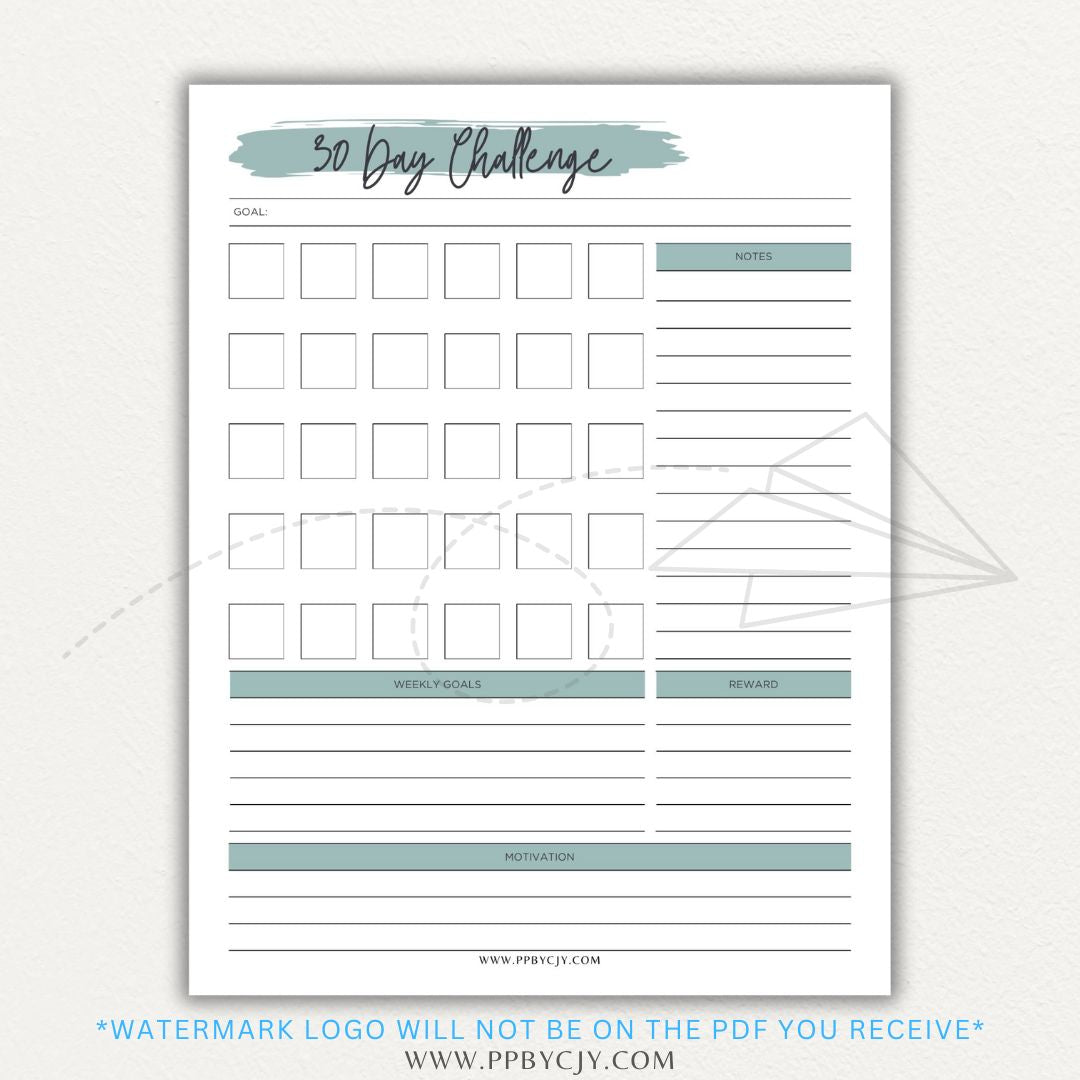 30 Day Goal Challenge Printable Template – Digital Download for Setting and Tracking Goals