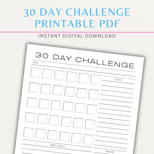 30 Day Goal Challenge Printable Template – Digital Download for Setting and Tracking Goals
