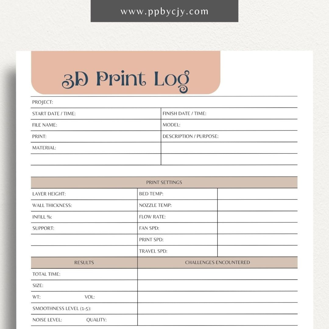 3D Print Log Printable Template – Digital Download for Tracking 3D Printing Projects and Details