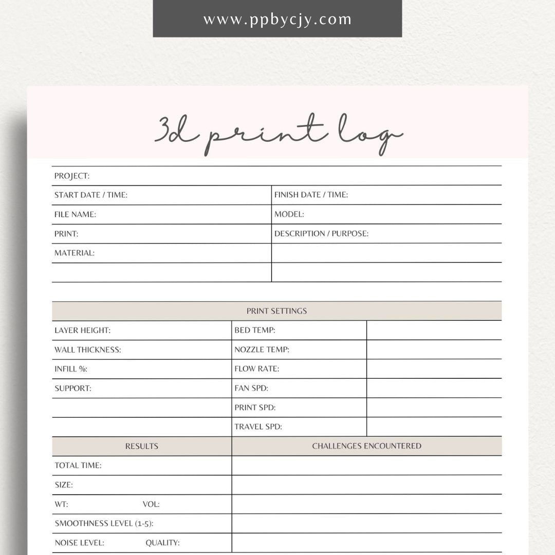 3D Print Log Printable Template – Digital Download for Tracking 3D Printing Projects and Details