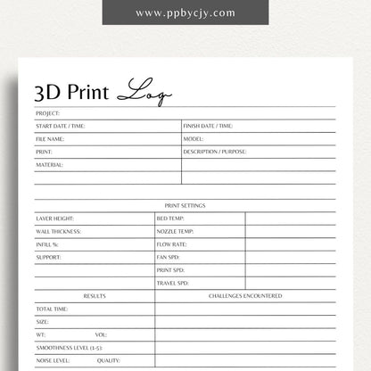 3D Print Log Printable Template – Digital Download for Tracking 3D Printing Projects and Details