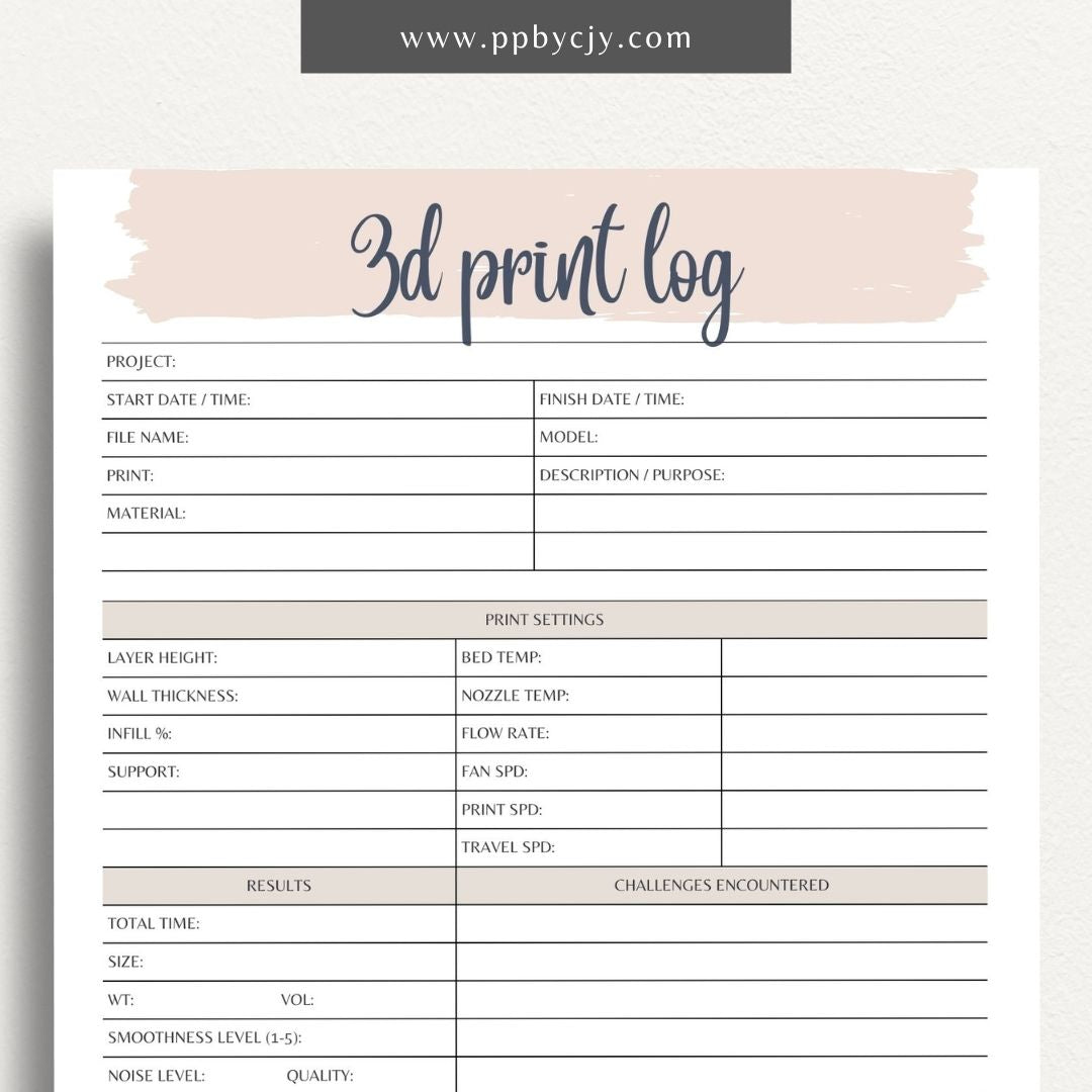 3D Print Log Printable Template – Digital Download for Tracking 3D Printing Projects and Details