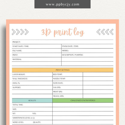 3D Print Log Printable Template – Digital Download for Tracking 3D Printing Projects and Details