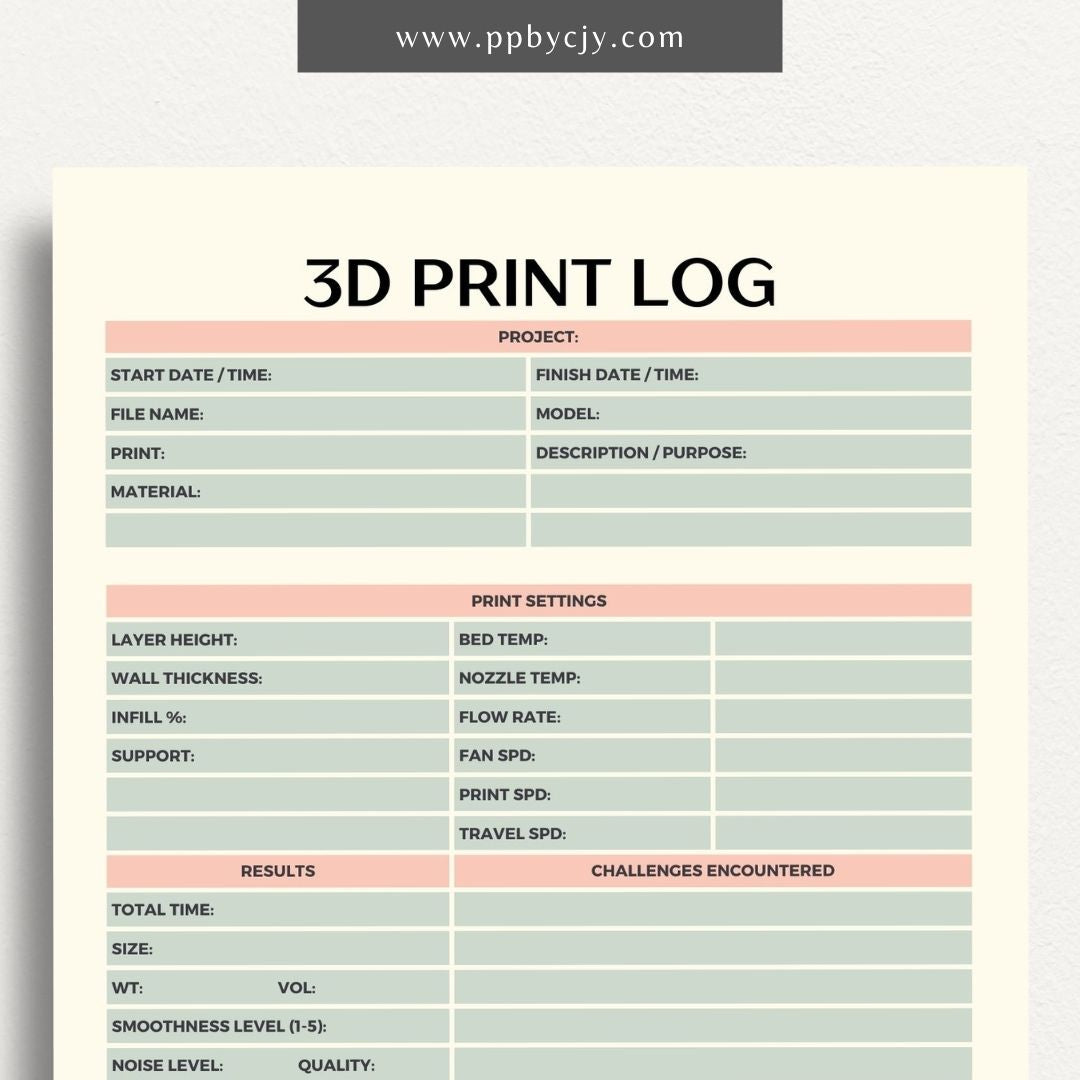 3D Print Log Printable Template – Digital Download for Tracking 3D Printing Projects and Details