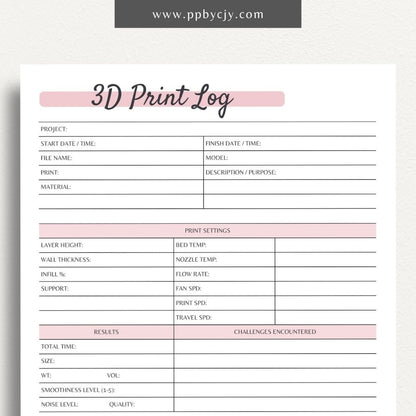 3D Print Log Printable Template – Digital Download for Tracking 3D Printing Projects and Details