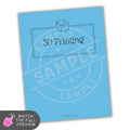 Blue planner with '3D Printing' text and a cube icon on a white background