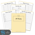 Set of 3D printing log sheets with a cover on a white background