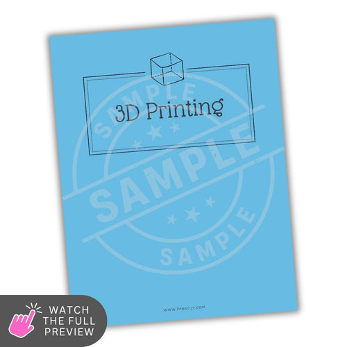 Blue planner with '3D Printing' text and a cube icon on a white background
