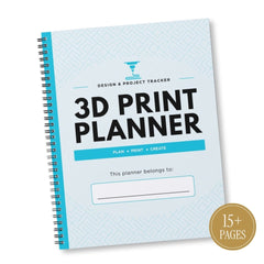 A 3D Print Planner spiral notebook with a light blue and white patterned cover, black text, and a gold '15+ PAGES' badge in the bottom right corner.