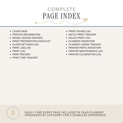 A beige and white informational graphic titled 'COMPLETE PAGE INDEX' listing categories of planner pages such as cover page, printer information, model design tracker, print preparation checklist, slicer settings log, print job log, print log, print record, print time tracker, print hours log, batch print tracker, failed print log, filament inventory, filament usage tracker, printer parts inventory, printer maintenance log, and printer calibration log.
