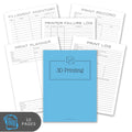 Blue notebook with '3D Printing' on the cover, surrounded by printed pages on a white background.