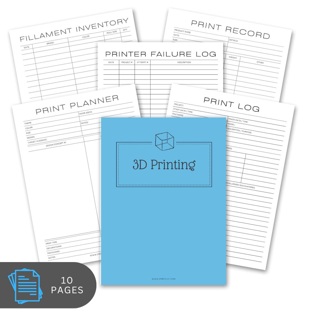 Blue notebook with '3D Printing' on the cover, surrounded by printed pages on a white background.