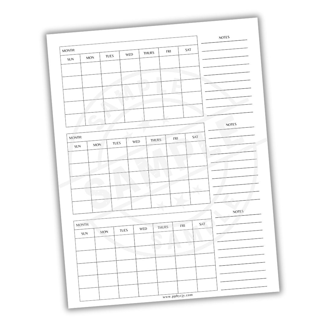 Blank monthly calendar sheet with notes section on a white background