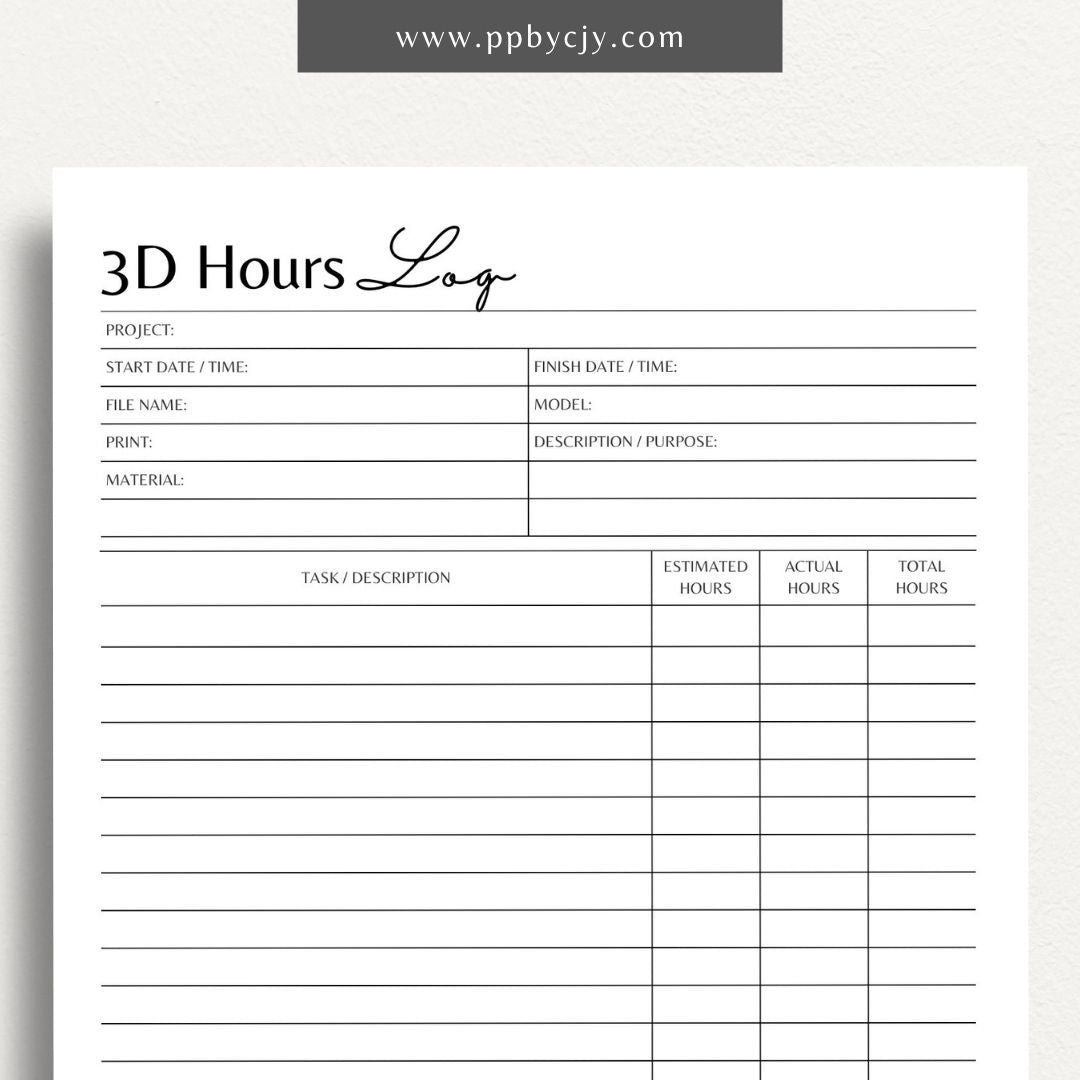 3D Project Print Hours Log Printable Template – Digital download for tracking 3D printing hours, filament usage, and project progress.