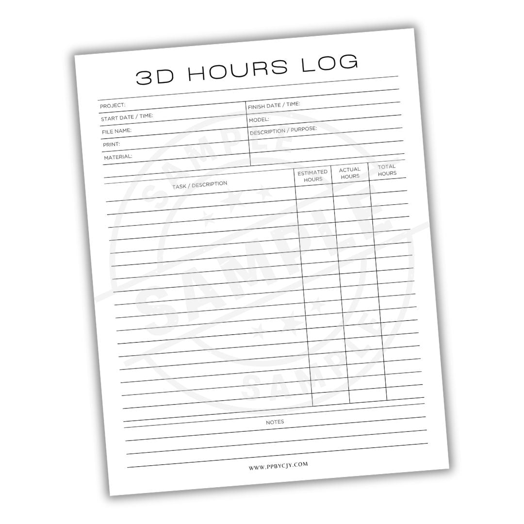 Sheet with '3D Hours Log' for project tracking on a white background