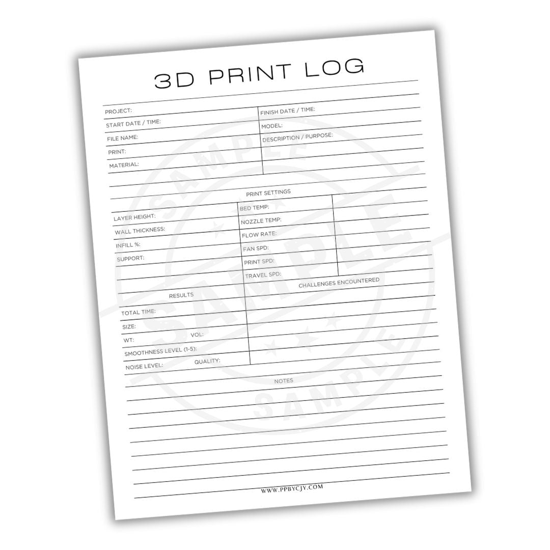3D Print Log sheet with columns for project details on a white background