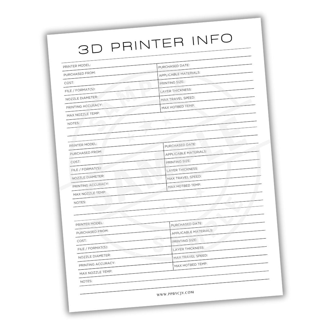 Sheet of paper with '3D Printer Info' checklist on a white background