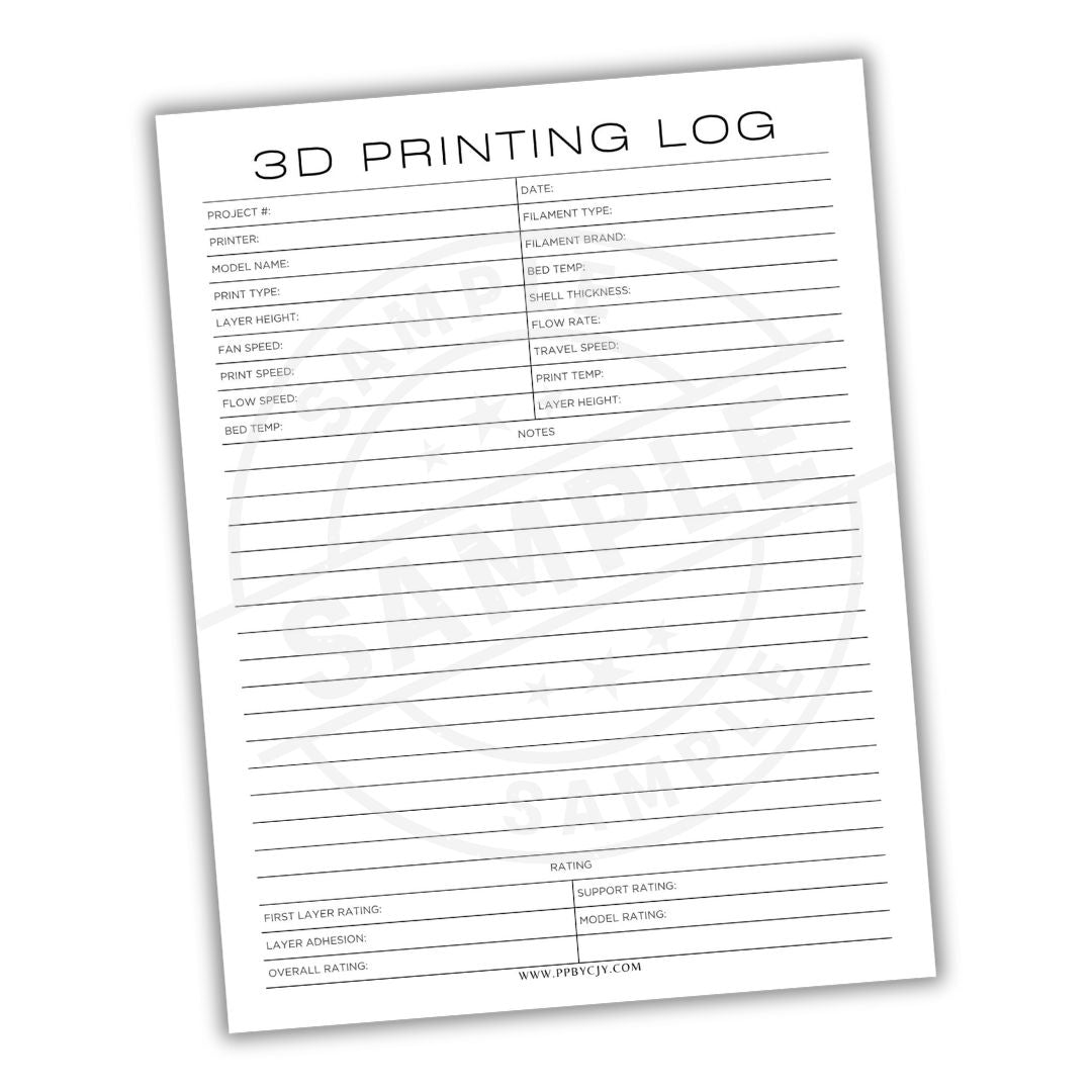 3D Printing Log sheet with columns for project details on a white background
