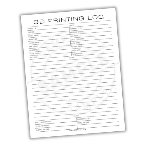 3D Printing Log sheet with columns for project details on a white background