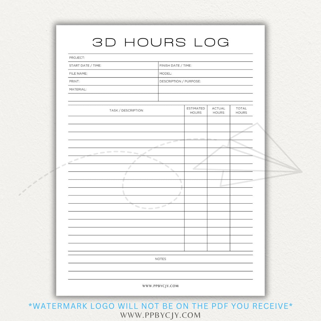 3D Project Hours Log Printable PDF Template for tracking work hours, materials, and project details for 3D printing.

