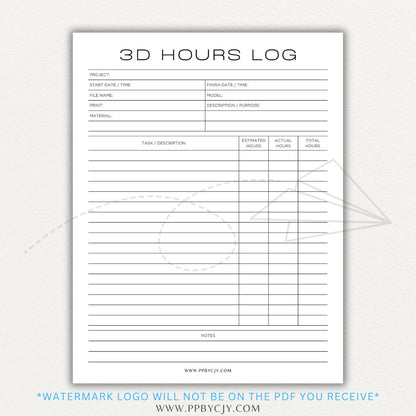 3D Project Hours Log Printable PDF Template for tracking work hours, materials, and project details for 3D printing.

